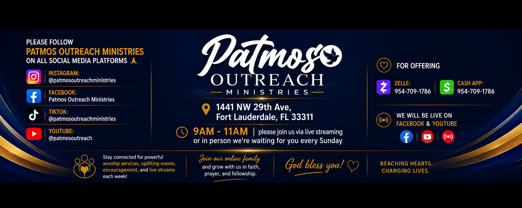 Patmos Outreach Ministries — Follow us on social media, join us Sundays 9–11 AM, and give via Zelle or Cash App