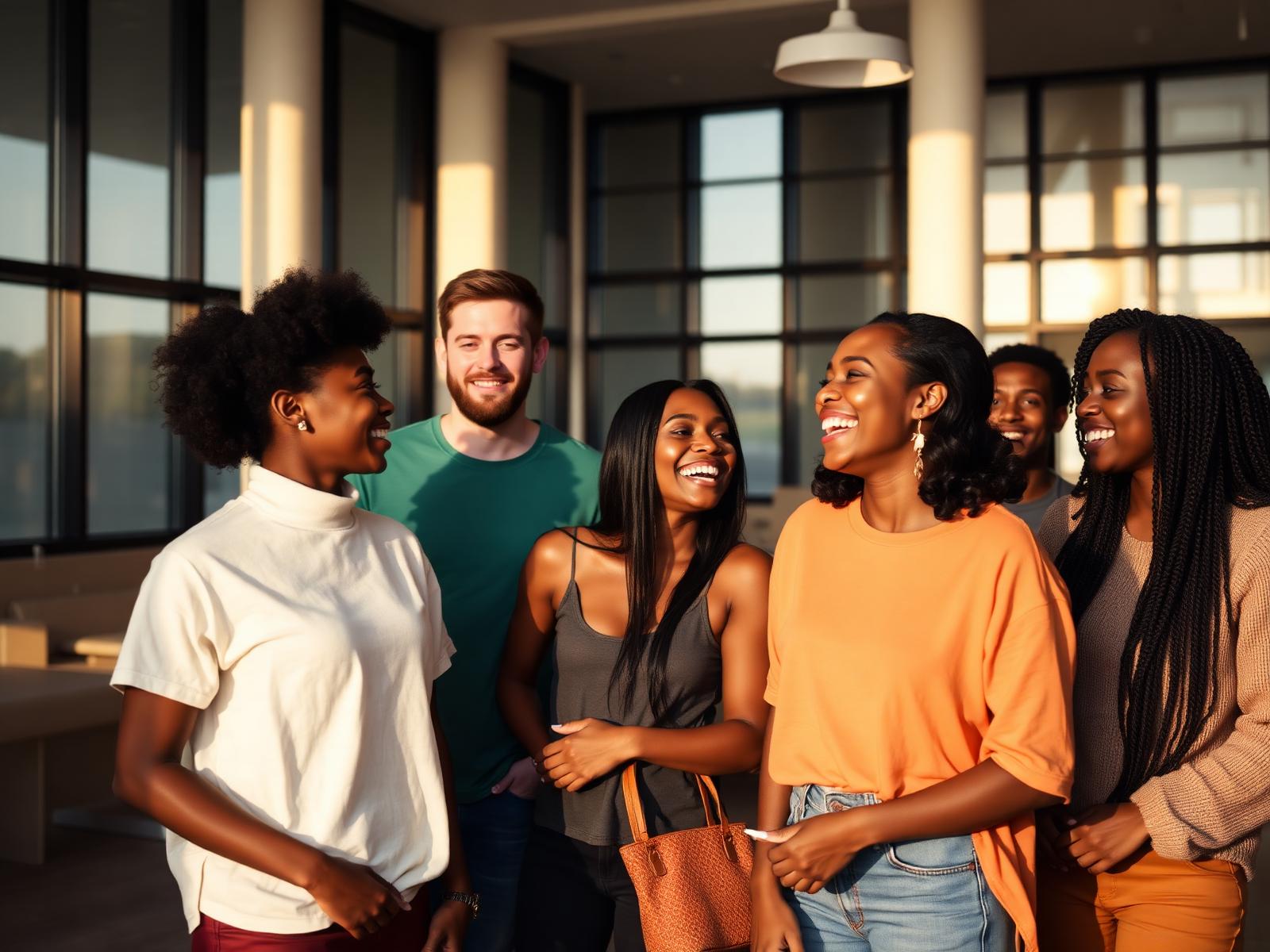 Diverse church community laughing together after service